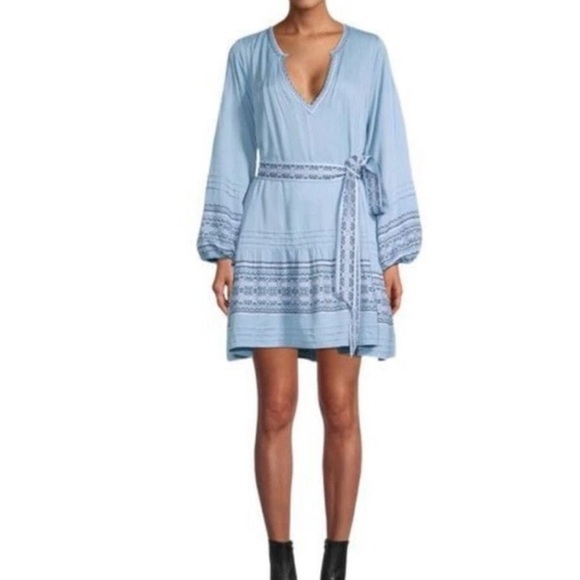 Roller Rabbit Dresses & Skirts - Roller Rabbit Nydia Blue Crosshatch Embroidered Puff Sleeve Boho Mini Dress M